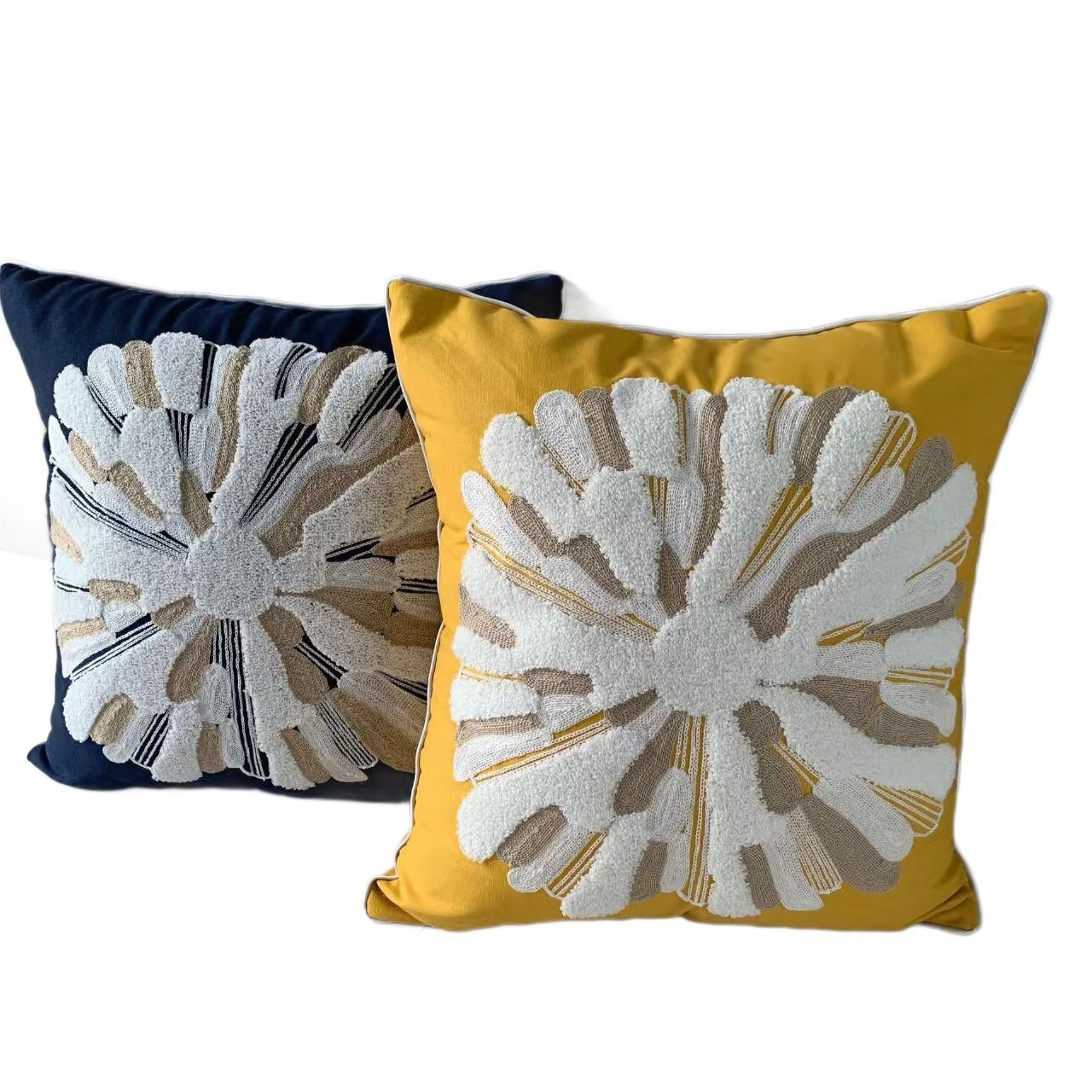 Boho Mustard Yellow Coral Flower Tufted Throw Pillow Cover,