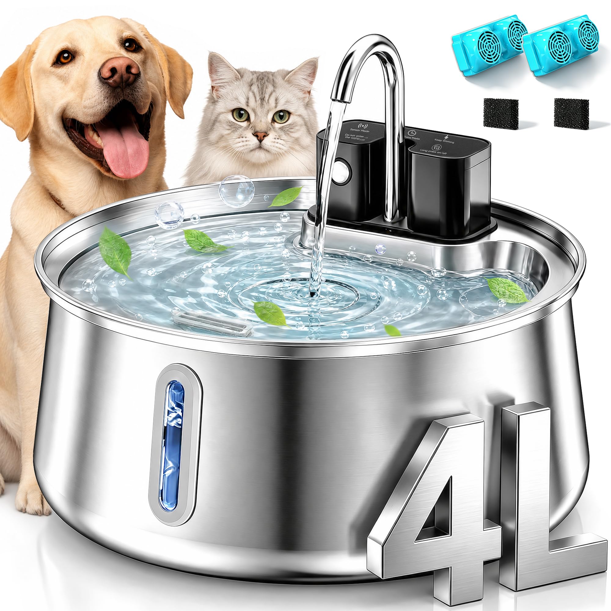 Wireless Dog Water Fountain, 4L Stainless Steel Dog Water